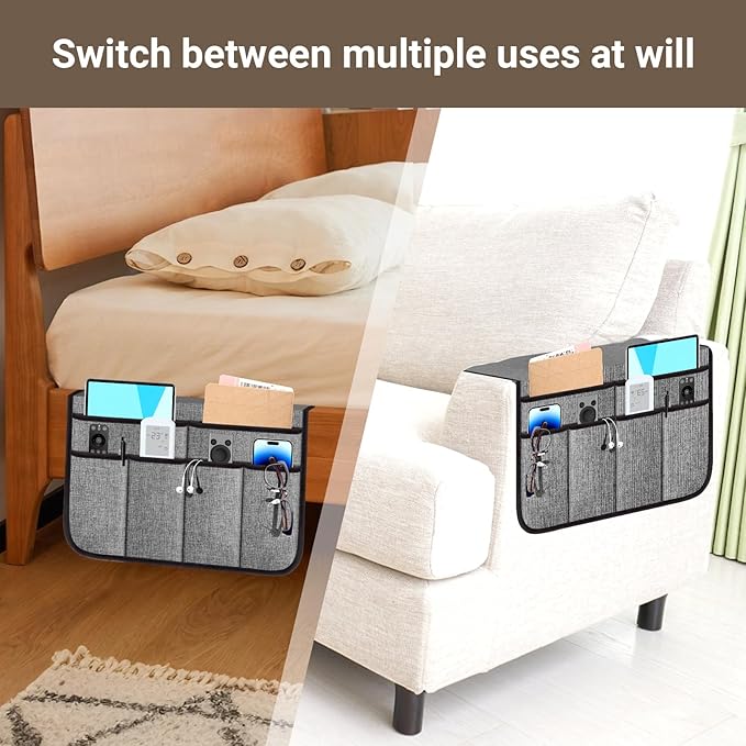 Armchair Caddy & Remote Control Holder for Couch & Recliner | Non-Slip Armrest Organizer with 6 Pockets for TV Remote, Phone, Tablet, Magazine & More, 19 x 35 Inches, Gray