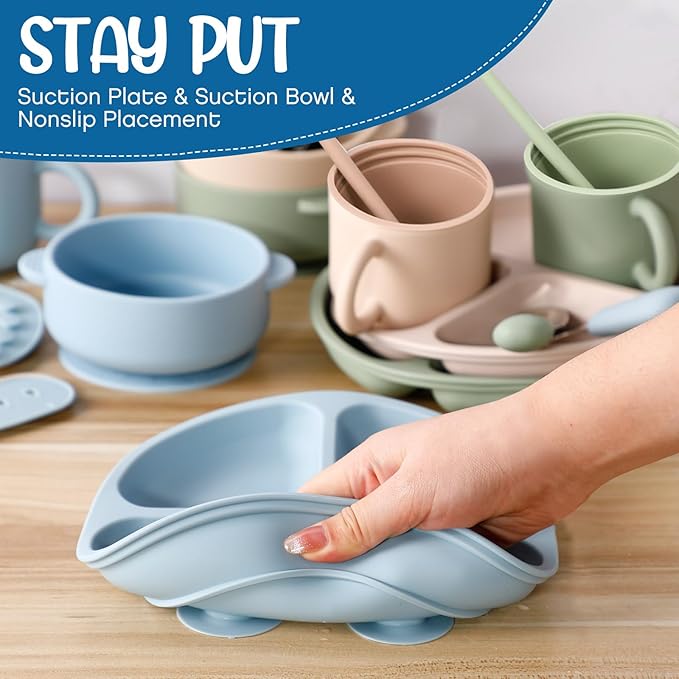 24 Pack Silicone Baby Feeding Set Baby LED Weaning Supplies Includes Suction Divided Plates Soft Bowl Spoons Forks Adjustable Bib Snack Cup and Straws(Gray Blue, Army Green, Beige)