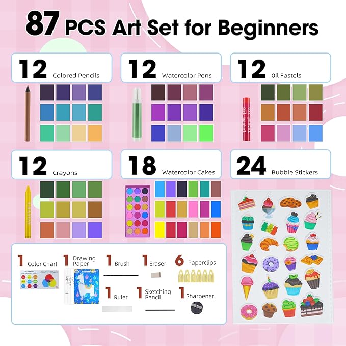 KIDDYCOLOR Kids Art Set, Drawing Art Supplies for Girls & Boys Ages 4-8 with Watercolor Cakes, Oil Pastels, Colored Pencils, Ideal Gift for Young Artist, Pink-87pcs