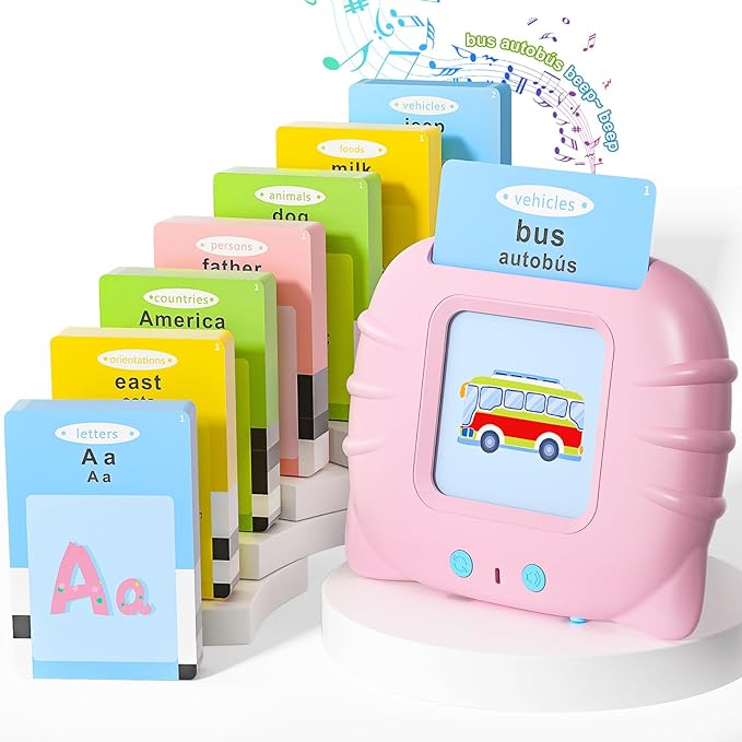 Bilingual English & Spanish Flash Cards for Toddlers, Audible Toys Learning Spanish for Kids Adults, Speech Therapy Toys, Educational Learning Talking Flash Cards 385 Sight Words-Pink