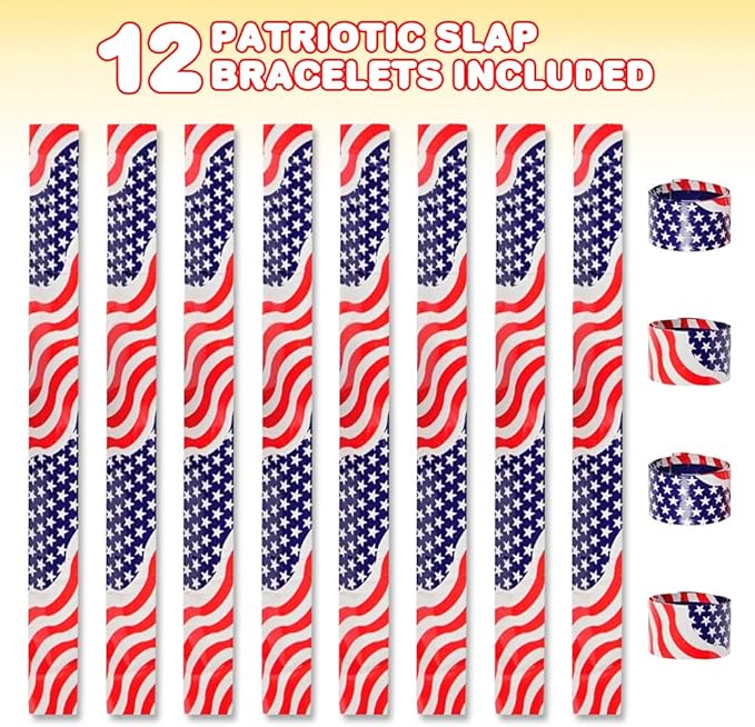 ArtCreativity Patriotic Slap Bracelets for Kids, Set of 12, Stars and Stripes Slap Wrist Bands, July 4th Party Favors for Kids, Red, White, and Blue Accessories for Memorial and Veterans Day