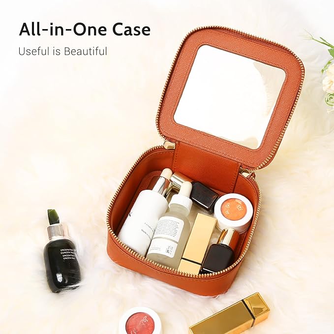 Aveniee Mini Clear Makeup Bag, Small Cosmetic Bags Travel Toiletry Pouch Organizer, TSA Approved Make up Case with Zipper, Car Bag for Essentials,Brown