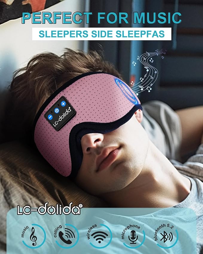 LC-dolida Sleep Headphones, 3D Sleep Mask Bluetooth Wireless, Sleeping Headphones for Side Sleepers Sleep Eye Mask Music Weighted Sleeping Mask Meditation Gifts for Men Women (Rose Pink)