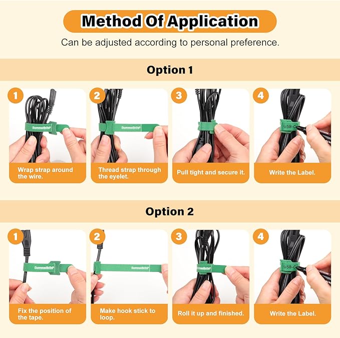 SummerBrite 70 Pack Multi-Color Cable Ties 8 Inch with Writable Labels, Reusable Cord Organizer Straps, Hook & Loop Wire Management for TV, Audio, Ethernet, Electronics & Heavy Duty Cords