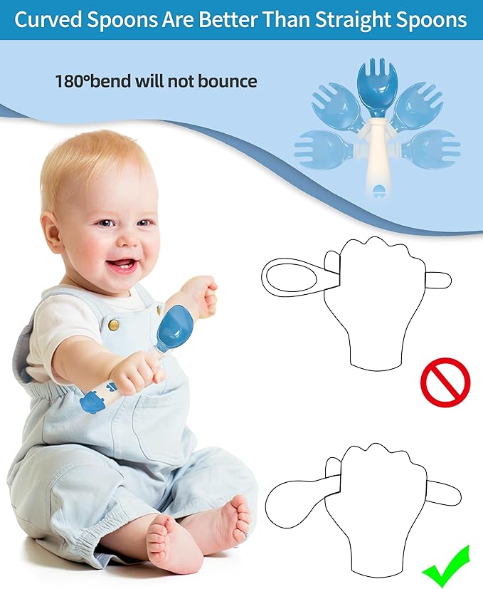 Deejoy Toddler Utensils, Self-feeding Flatware Set withTravel Case, Baby Spoons and Forks with Silicone Bendable Handle, Easy Grip Heat-Resistant, Ideal for Kids, Stage 2 (Blue)