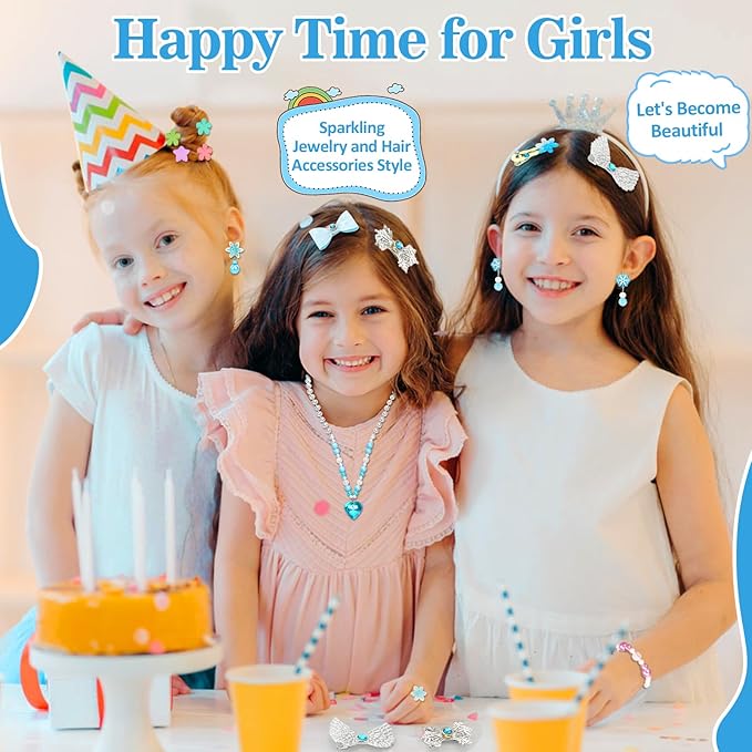 Kids Jewelry Toys for Girls, Toddler Dress Up Toy, Pretend Play Jewelry Set, Princess Jewelry with Snowflake Hair Clips & Hair Ties, for Girls Age 3 4 5 6 7 8 9 10