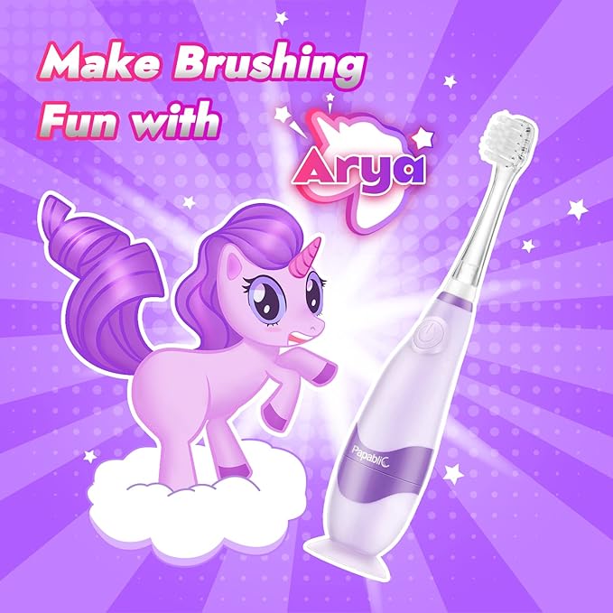 Papablic Toddler Sonic Electric Toothbrush for Ages 1-3 Years, Baby Electric Toothbrush with Cute Unicorn Cover and Smart LED Timer, 4 Brush Heads (Arya)