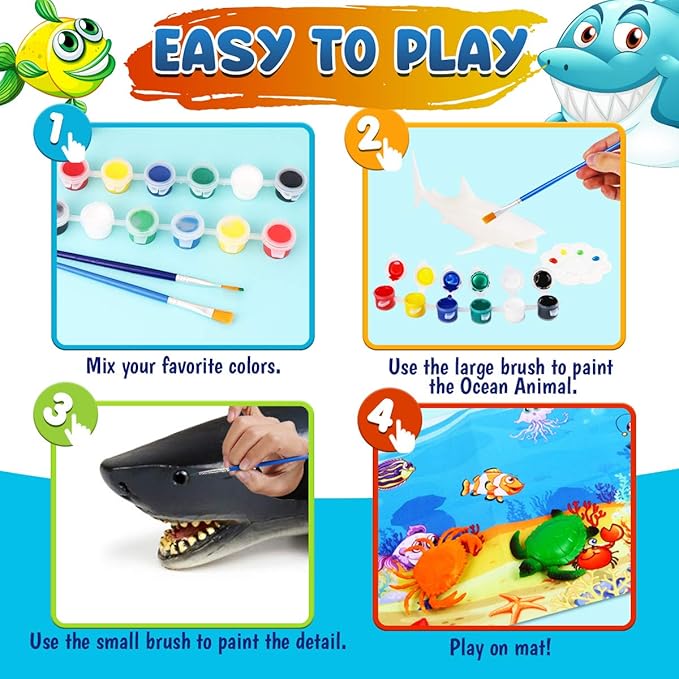 FUNZBO Shark Fish Toys Painting Kits for Kids Art Supplies, Sea Animal Sea Creatures Ocean Toys, Arts and Crafts for Kids Toddlers Boys Girls Ages 3-12