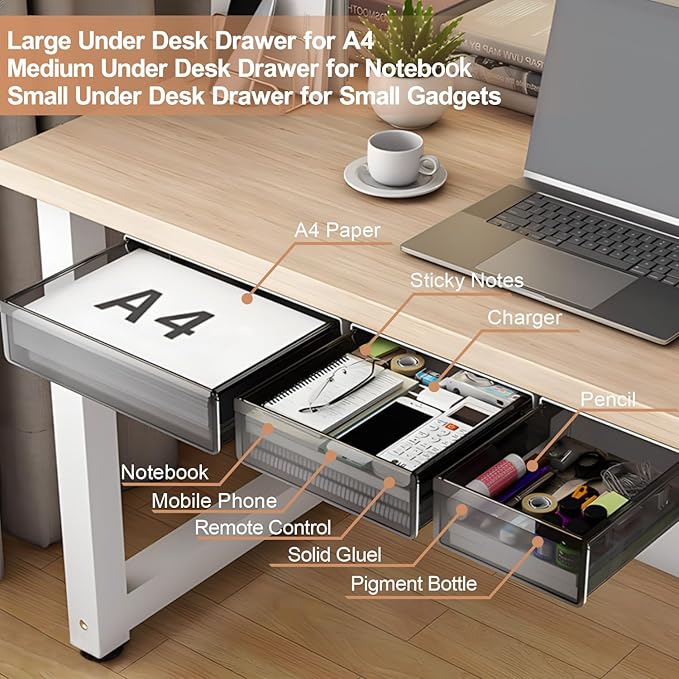 Under Desk Table Drawer Storage Organizer,3 Pack Large & Medium & Small Slide Out Desk Drawers - Hidden Desktop Organizer,Attachable Pencil Storage Tray Under Table(SML)