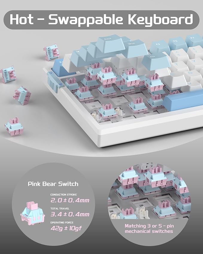 MageGee SKY81 75% Mechanical Gaming Keyboard, Hot Swappable Wired Custom Creamy Keyboards with 5-Layer Sound Dampening, Knob Control, RGB Backlit, NKRO for Win/Mac (Ice Sea Blue, Pink Bear Switch)