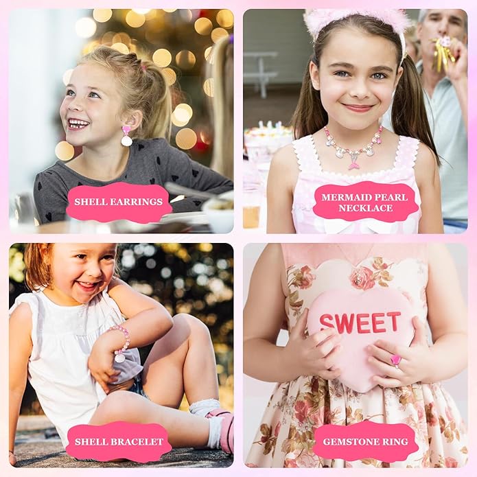 Girl Princess Necklace Bracelet Set, Sea Shell Pearl Earrings and Ring, Pretend Play and Dress up Jewelry Mermaid Style Play Accessories for Birthday Gifts Cosplay, Halloween, Christmas