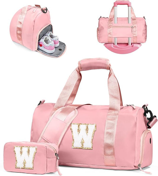 Gifts for Girls-Girl Gym Bag with Shoe Compartment, Kid Personalized Weekender Overnight Bags, Initial Travel Tote with Makeup Pouch, Gift Ideas for Niece Sister (Letter W)
