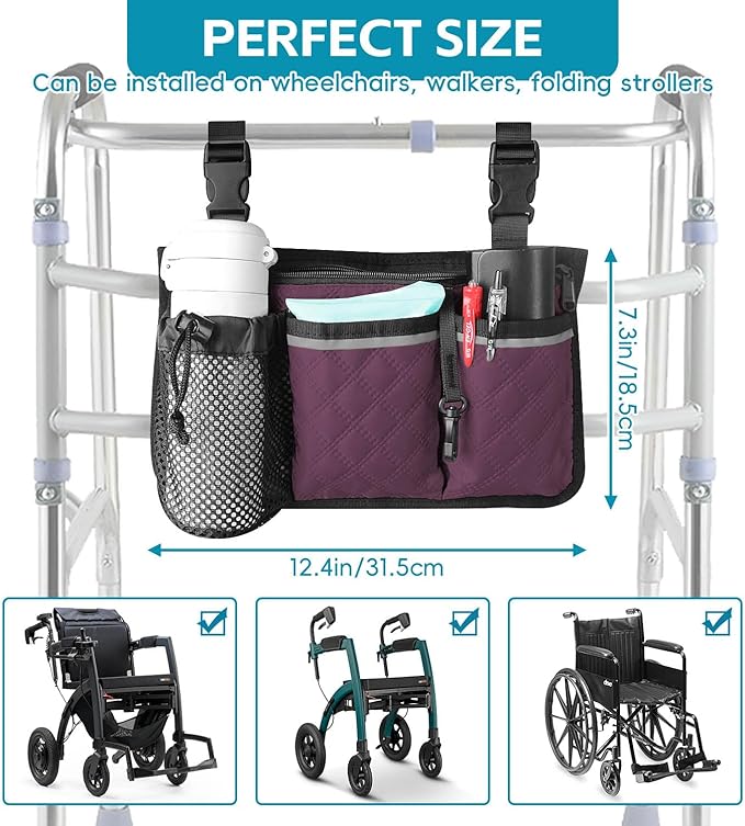 Wheelchair Bag with Cup Holder, Wheelchair Accessories Armrest Side Bag Multi Pockets Pouch for Electric Wheelchairs, Walker, Rollators & Mobility Scooters, Adults, Seniors, Purple