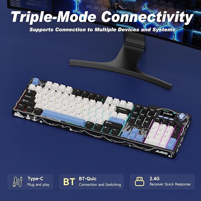 NACODEX AK35I V4 Customizable Wireless Gaming Mechanical Keyboard, Wired/Wireless 2.4G/BT, Gasket Structure, 10000mAh Battery, Full-Color RGB, 1.14-inch Color Screen, Knob, Multi-Function Keys.