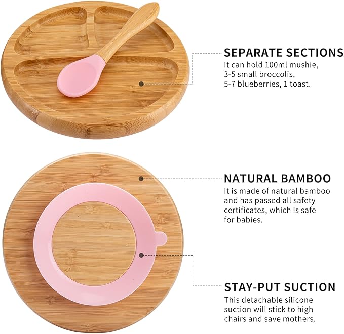 Toddler Bamboo Plates, Bowls and Spoon Set, Wooden Feeding Utensils for Infant’s Easy Self Eating at 1 Stage, Stay Put Silicone Suction Plate and Bowl and Soup Spoon for Baby Led Weaning