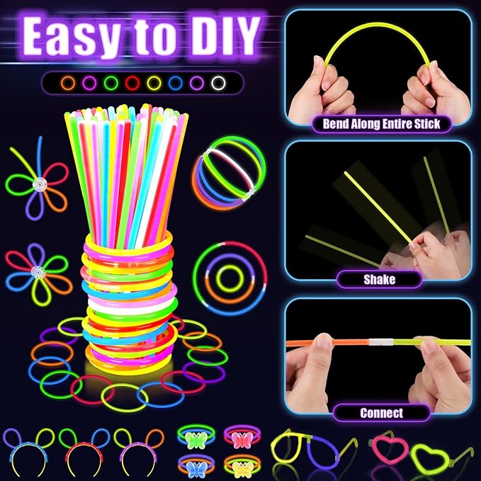 Glow in the Dark Party Supplies for Kids Adults, Light Up Party Favors with 57 LED Light Up Toys, 100 Glow Sticks Bulk DIY Glow Necklaces Glasses Bracelets Headband, Neon Party Supplies & Decorations