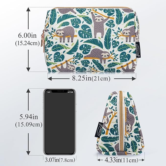 Aosbos Small Travel Makeup Pouch - Cosmetic Bag for Women - Green Leaf