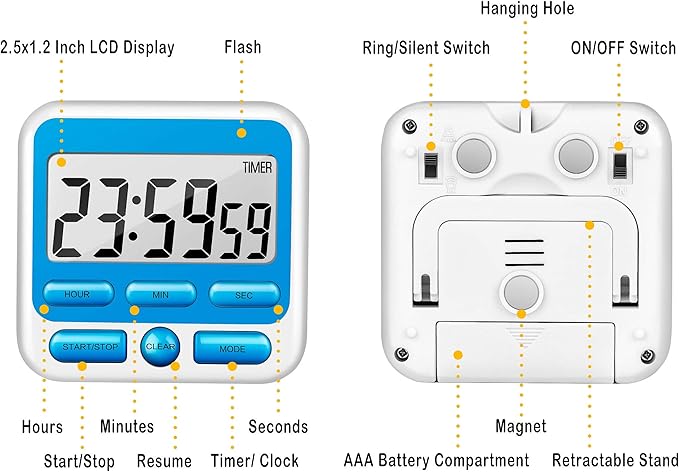 KTKUDY Digital Kitchen Timer with Mute/Loud Alarm Switch ON/Off Switch, 24 Hour Clock & Alarm, Memory Function Count Up & Count Down for Kids Teachers Cooking, Large LCD Display, Strong Magnet (Blue)