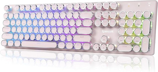 Redragon K710 Wireless Typewriter Mechanical Gaming Keyboard, Bluetooth/2.4Ghz/Wired, RGB Led Backlit, Blue Switch - Clicky, Rechargeable, Solid Metal Panel, Round Keycaps, Pink