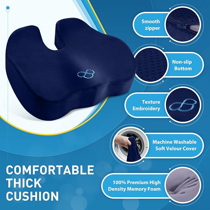 BlissTrends Seat Cushion,5.2in Thick Memory Foam Cushions for Office Chair, Car Seat, Airplane, Relieving Pressure Tailbone Sciatica Back Pain for Long Sitting Office Workers, Car Drivers Blue