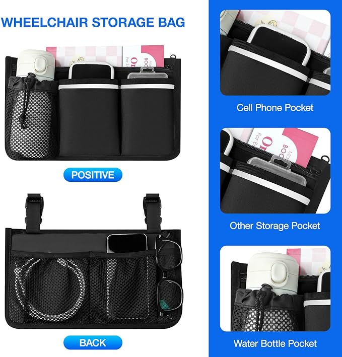 Wheelchair Bag, Walker Bag, Armrest Organizer Pouch with Cup Holder, Reflective Strip, Accessories for Most Wheelchairs, Walkers, Rollators (Black)