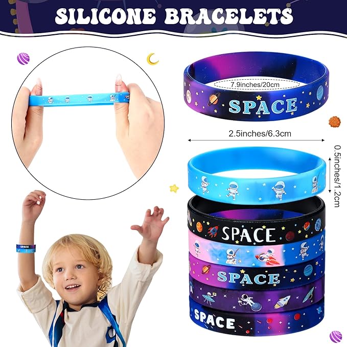 Faccito 84 Pcs Space Party Favors Bouncy Balls Silicone Bracelets Rocket Light Key Chain Stamps Space Party Supplies Galaxy Theme Bag Fillers for Solar System Planet Theme Birthday Classroom Rewards