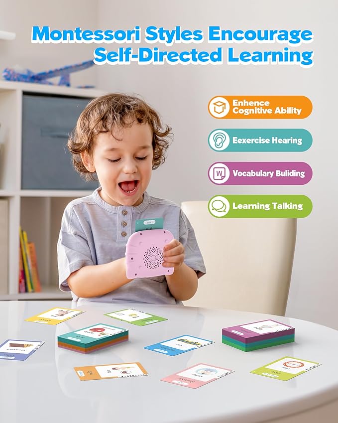 Bilingual Pink Spanish and English Talking Flash Cards, Pocket Speech Therapy Toys with 512 Words, Montessori Language Learning Toys, Autism Toys, Children's Sensory Learning, Birthday Toys