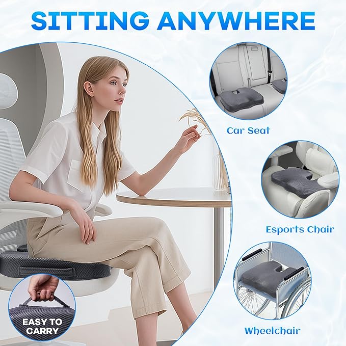 Gel-Infused Desk Chair Cushion & Memory Foam Lumbar Pillow for Sciatica Pain Relief,Breathable Mesh Cover with Non-Slip Base,Adjustable Straps and Portable Handle for Office Seat Cushion,Grey
