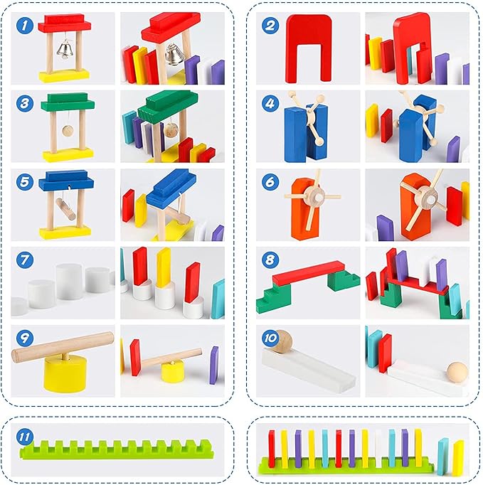 Joqutoys 600 PCS Dominoes Set for Kids, Wooden Domino Building Blocks, 6 Colors Bulk Dominoes Racing Tiles Games with Extra 26 Add-on Blocks and Storage Bag, Educational Toys for Kids Birthday Party