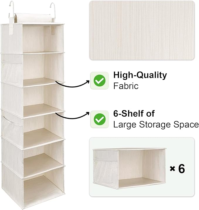 StorageWorks 6-Shelf Hanging Closet Organizer, Hanging Shelves for Closet, Fabric, Mixing of Beige, White & Ivory, 12" D x 12" W x 47 1⁄2" H