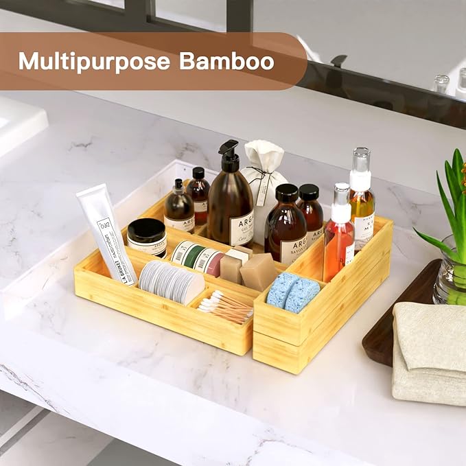 DUJEN 5 pieces Bamboo Drawer Organizer, Adjustable 3 Individual Junk Drawer organizer for Bathroom and Kitchen, Wood Drawer Organier Boxes for Jewellery, Make up and Tea Bag