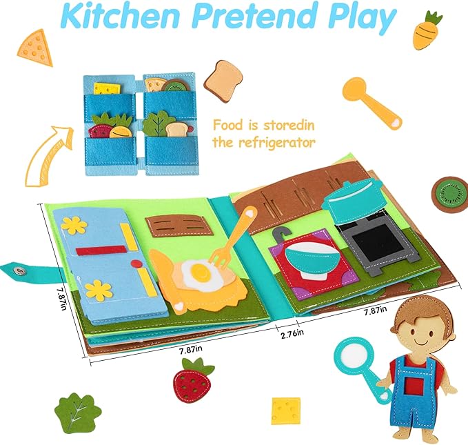 Daily Life of Boys Busy Book for Toddlers,Montessori Busy Books,Preschool Felt Busy Quiet Book Learning Life Skills,House Pretend Play Dress UP Game,Montessori Toys for 3 4 5 Years Autism Sensory