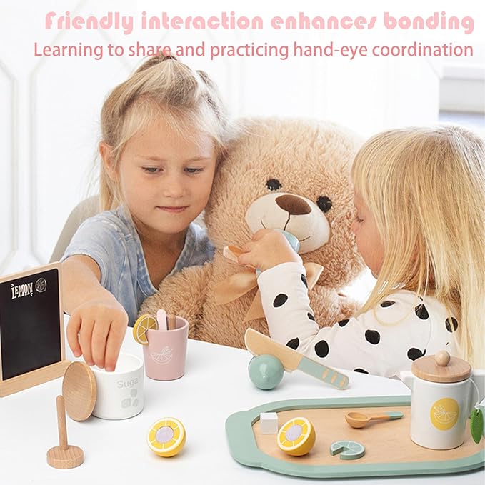 Lemonade Stand for Kids Tea Set Pretend Play Toys Tea Party Set Lemonade Stand Supplies No Assembly Required Non-Toxic Wooden Toys Tea Sets for Toddlers 3-5 Birthday Gift