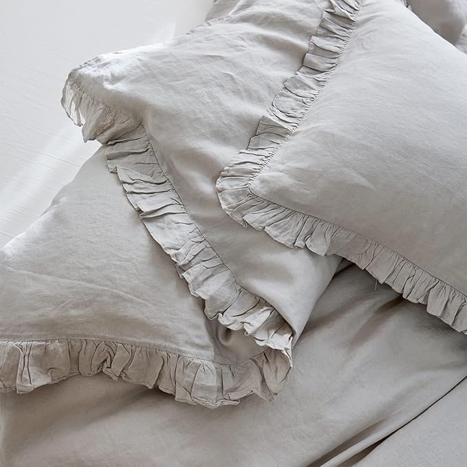 Simple&Opulence 100% Linen Duvet Cover Set, 3 PCS Natural French Flax Light Grey Ruffle Duvet Cover Queen Size, Breathable Comfy Linen Bedding Comforter Cover with 2 Pillowcases(Light Grey, 88" X 92")