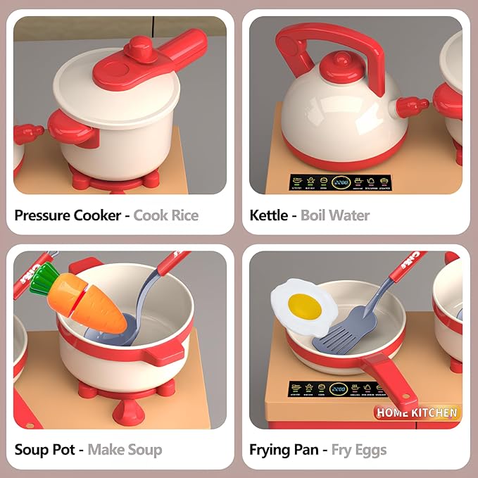 Home Kitchen Kids Toy Kitchen Set, 71 PCS Pretend Play Cooking Set with Interactive Cooktop, Realistic Accessories: Pressure Cooker, Kettle, Frying Pan, Play Food - Educational Toy for Boys & Girls 3+