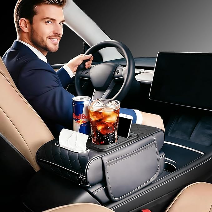 Car Armrest Cushion, Car Center Console Cover, Leather Armrest Cover for Car, Universal Middle Console Cushion with Storage Box, Cup Holder, Phone Slot, Waterproof Interior Accessories (Black)