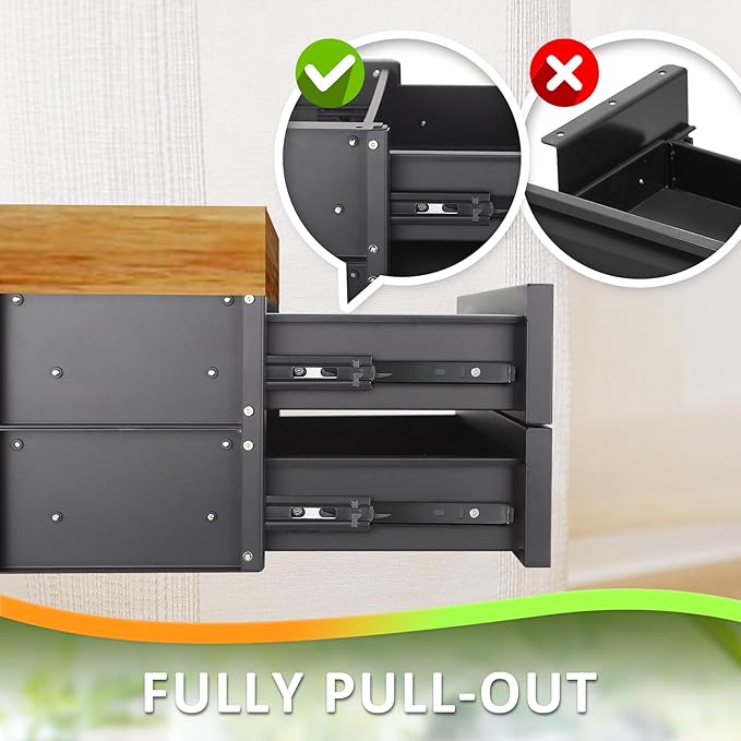 15 in 2-tier Under Desk Drawer,Adjustable Height, Pull out Storage Organizer with Slide Extension Mounted Under Flat Wooden Table or Workbench, Carbon Steel Hidden Desk Drawer