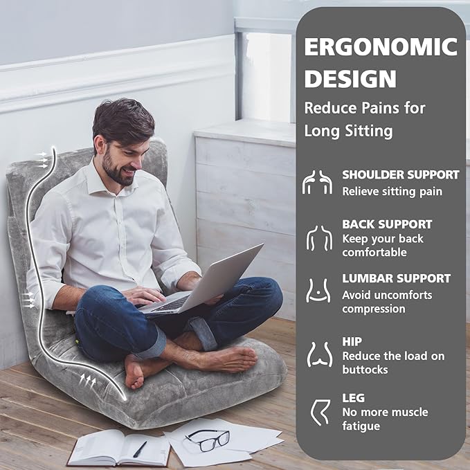 Folding Floor Chair 14-Position Cushioned Adjustable Floor Lazy Sofa Chair w/Breathable Cotton & Skin-Friendly Flannel for Adults & Kids Ideal for Reading Meditating, Grey