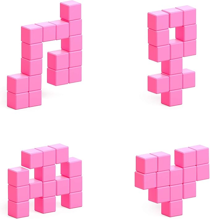 PIXIO-16 Pink Color Series Magnetic Blocks Building Set 16pcs with Free App, Stress Relief Building Blocks, Magnets for Kids, Pixel Art Desk Toy, Fidget Toys
