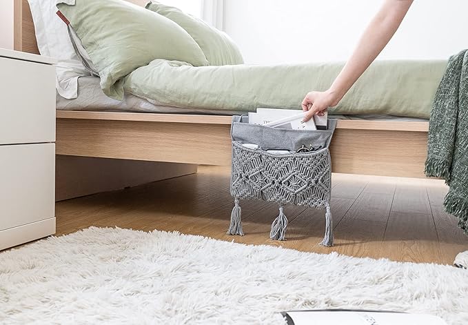 Mkono Macrame Couch Organizer Remote Control Caddy Sofa Armrest Armchair Bedside Storage Holder Bag for TV Remote, Magazine, Books, Cell Phone, iPad, Boho Living Room Home Dorm Decor, Grey