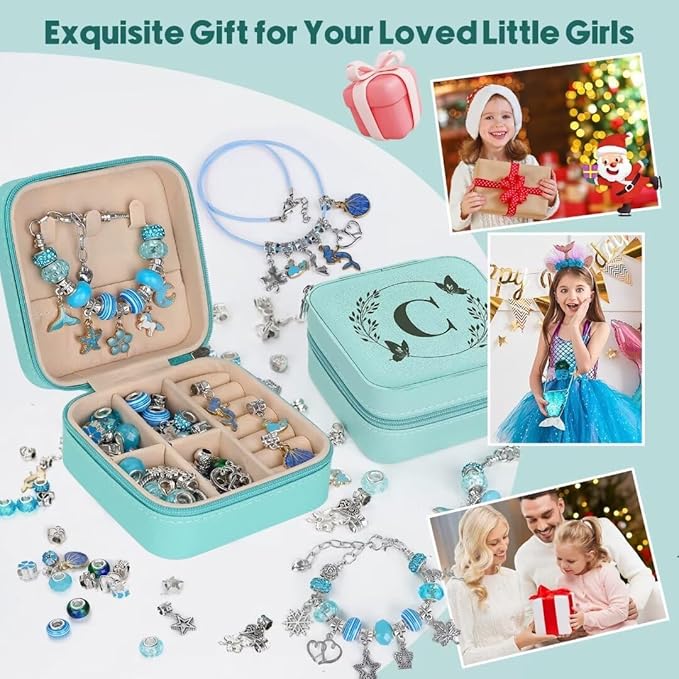Charm Bracelet Making Kit, Kid Jewelry Making Kit for Girls 8-12, Unicorn Craft Kits for Teen Girls Toys Ages 3-10 Years Old Girl Gifts Trendy Stuff Birthday Christmas Gift with Initial Jewelry Box- C