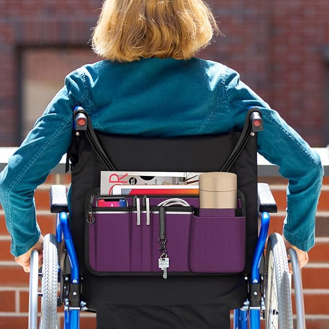 FINPAC Wheelchair Side Storage Bag w/Cup Holder, Wheelchair Armrest Accessories Pouch with Pen Slot and Reflective Strips for Power Walkers, Rollators, Seniors - Purple