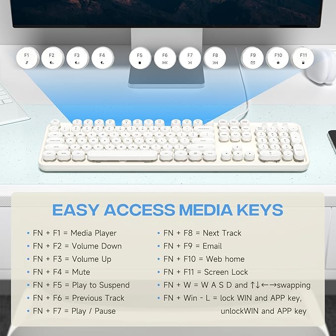 USB Wired Computer Keyboard - Full Size Office Keyboard with Number Pad, Caps Indicators, Foldable Stands, for PC Laptop Desktop Windows 7 8 10 (Creamy White)