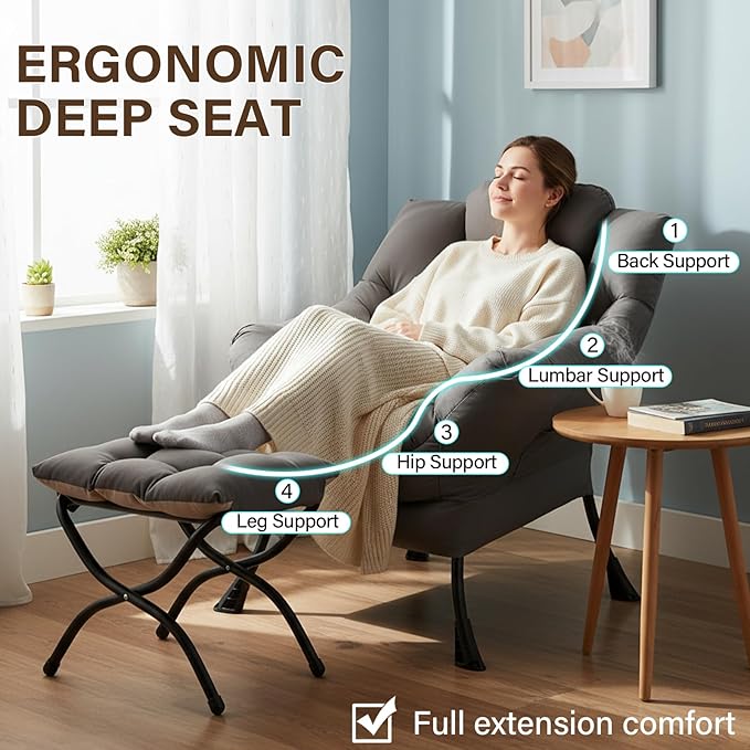 Welnow Lazy Chair with Ottoman, Modern Lounge Accent Chair with Armrests and a Side Pocket, Leisure Sofa Armchair Set, Reading Armchair with Footrest for Small Space, Light Grey