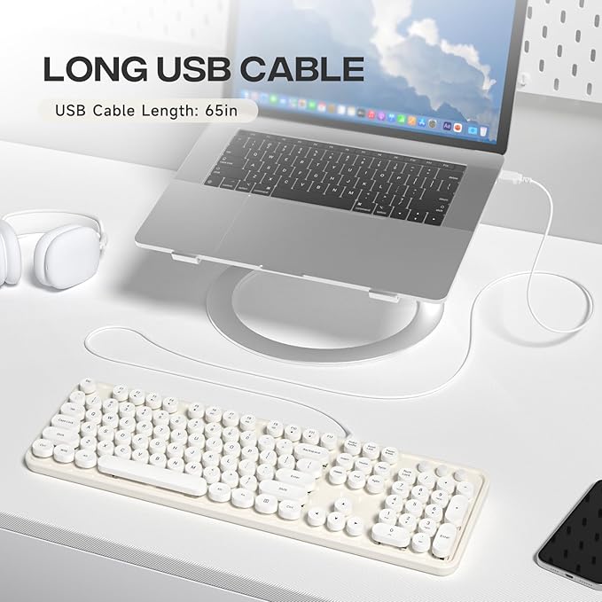 USB Wired Computer Keyboard - Full Size Office Keyboard with Number Pad, Caps Indicators, Foldable Stands, for PC Laptop Desktop Windows 7 8 10 (Creamy White)