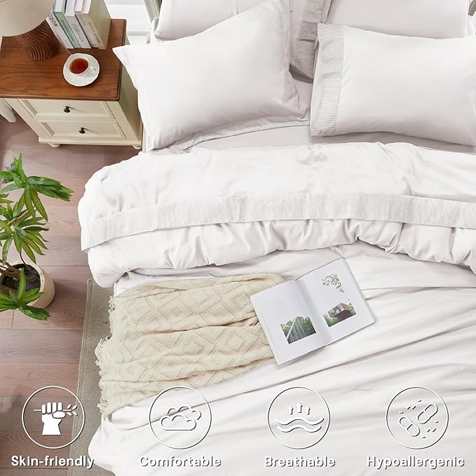Anluoer White Queen Comforter Set 7 Pieces, Bed in a Bag with Sheets, All Season Bedding Sets with 1 Comforter, 2 Pillow Shams, 2 Pillowcases, 1 Flat Sheet, 1 Fitted Sheet