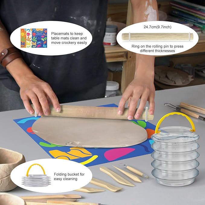 Air Dry Clay for Adults Kids - Pottery Kit for Beginners, Sculpting Tools Set, How-to-Guides, Paints, Brushes, Sponge, Varnish, Letter Stamps, Frosted Strip, Perfect for Party Holiday Craft Gift