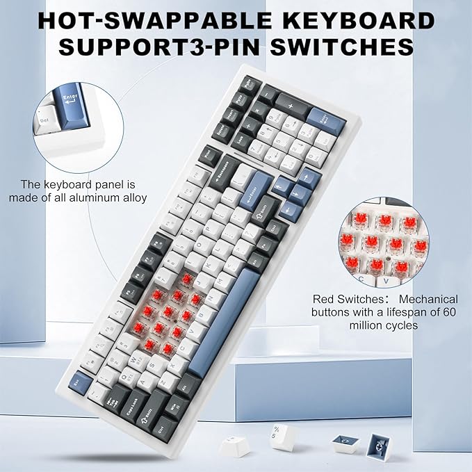 Wireless Mechanical Keyboard BT5.0/2.4GHz/USB, Multi-Color LED with 18+ Modes, Hot-Swappable Custom Keyboard, Red Creamy Switches, Gaming Keyboard for PC/Mac (Blue White)