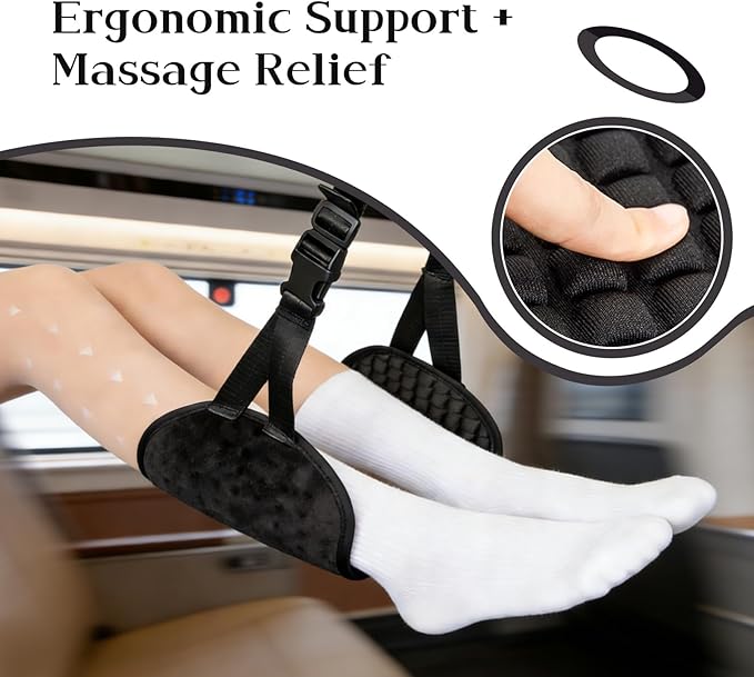 Foot Hammock for Plane Travel - Adjustable Airplane Foot Hammock, Ergonomic Airplane Travel Essentials with Bonus Sock Storage Pouch for Comfortable Long Flights & Trips