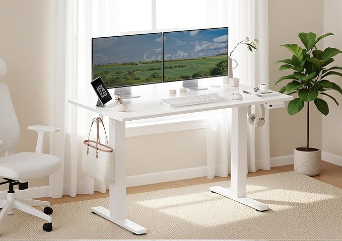 Seang Electric Height Adjustable Standing Desk, 40 x 24 Inch Sit-Stand Workstation with T-Style Frame, 3 Memory Height Options & Built-in Cable Management for Home Office, White Frame/White Top